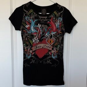 Vocal Black Tee with Heart and Bird Motif